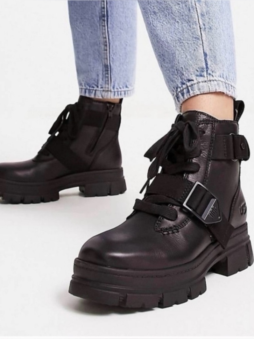 UGG Ashton Black Lace-Up Lug Sole Combat Boot All Weather Ankle Boots
